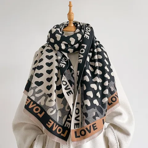 Sciarpa da Donna in Imitazione di Cashmere Jacquard Doppio Viso Cuore Stampa Leopardata Lettere Calda Autunno Inverno Scialle