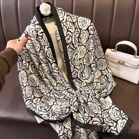 Donna Moda Sciarpa Lunga in Raso Elegante Colore Nero Paisley Cavallo Stampa Scialle Morbido Caldo Inverno Collo