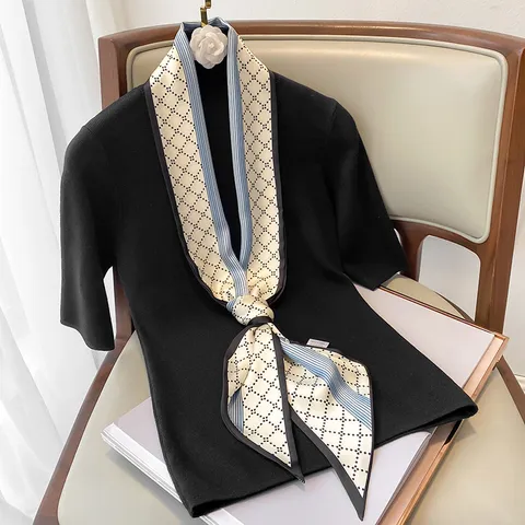 Sciarpa in Raso da Donna Stampa con Traliccio Geometrico a Rombo Sciarpa Lunga da Collo Nastro per Borsa Accessorio di Moda