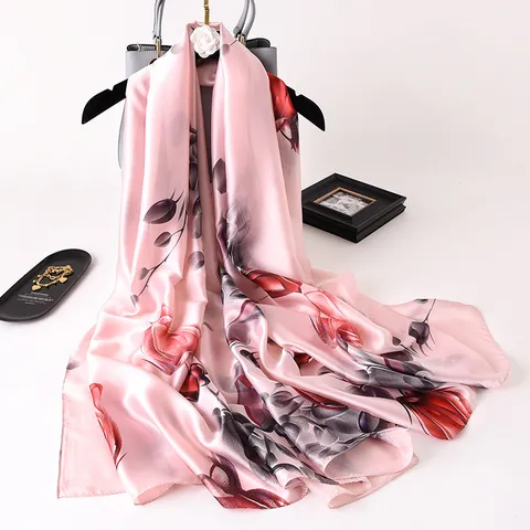 Donna Moda Satin Sciarpa Pittura ad Olio Floreale Lungo Scialle Spiaggia Protezione Solare Sciarpa Quotidiano