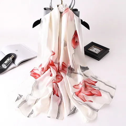 Donna Moda Raso Sciarpa Pittura ad Olio Stampa Floreale Lungo Scialle Elegante Protezione Solare Spiaggia Sciarpa Collo Testa