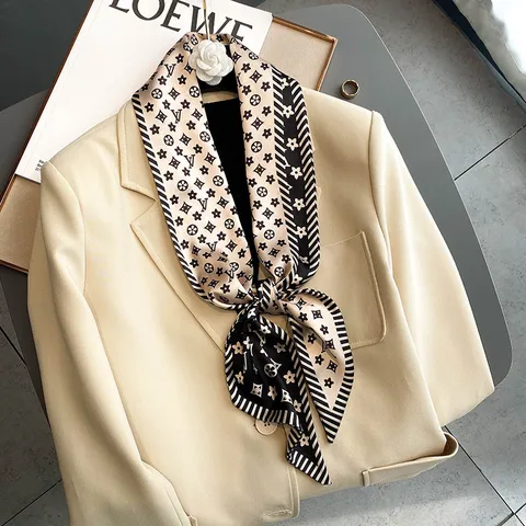 Sciarpa in Raso alla Moda Donna Elegante Stampa Monogramma Geometrico Nastro Lungo Fascia per Capelli Foulard Multifunzionale