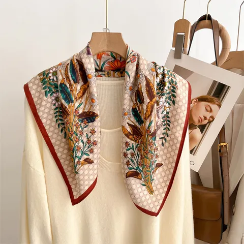 Foulard Quadrato in Poliestere con Stampa Floreale da Donna Retro Chic Sciarpa da Collo Elegante Primavera Autunno Sciarpa Decorativa