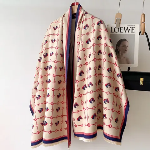 Sciarpa Moda Imitazione Cashmere da Donna Inverno Caldo Doppia Faccia Nappe Scialle Elegante Quadri Testa di Cavallo Mantello Sciarpa