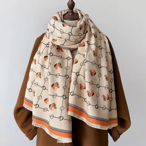 Sciarpa Moda Imitazione Cashmere da Donna Inverno Caldo Doppia Faccia Nappe Scialle Elegante Quadri Testa di Cavallo Mantello Sciarpa