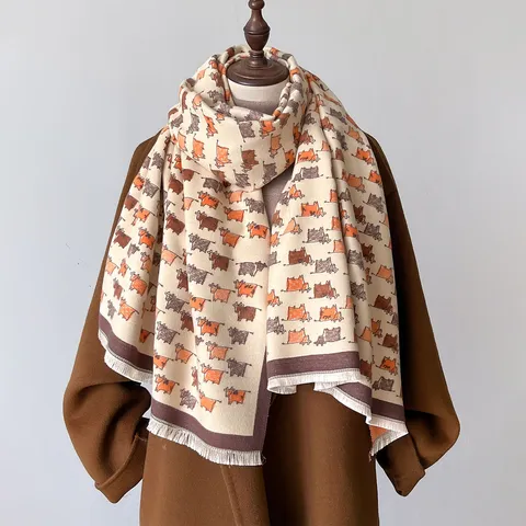 Donna Imitazione Cashmere Sciarpa Carino Motivo Mucca Lungo Caldo Scialle Con Nappe Moda Inverno Scaldacollo