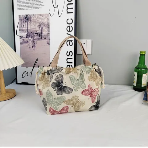 Canvas Tote Bag Large Capacity Handbag Casual Shoulder Bag Zipper Closure Cute Butterfly Kitten Print Office Lunch Bag