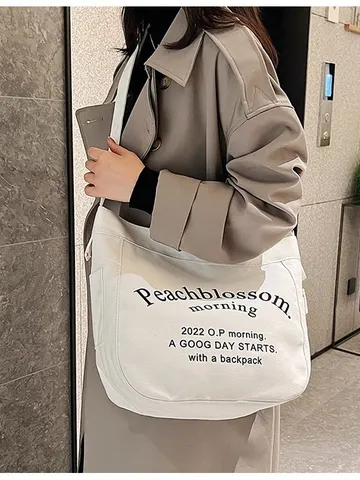 Women Large Capacity Canvas Tote Bag Casual Letter Print Shoulder Bag Simple Commuter Handbag Daily Shopping Bag
