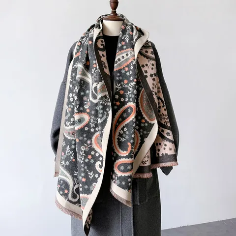 Sciarpa da Donna Autunno Inverno in Imitazione Cashmere Elegante Stampa Paisley Nappe Lunghe Doppia Faccia Calda Scialle