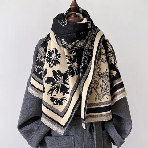 Donna Moda Floreale Imitazione Cashmere Sciarpa Autunno Inverno Ispessita Calda Nappe Lungo Scialle