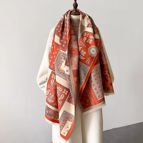 Sciarpa da Donna Invernale Ispessita Calda in Imitazione Cashmere Paisley Blocco di Colore Geometrico Nappa Sciarpa Lunga