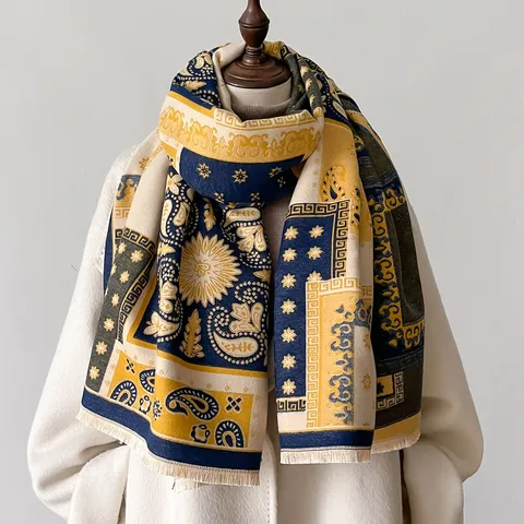 Sciarpa da Donna Invernale Ispessita Calda in Imitazione Cashmere Paisley Blocco di Colore Geometrico Nappa Sciarpa Lunga