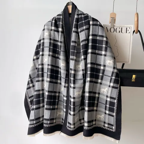 Donna Inverno Caldo Imitazione Cashmere Sciarpa Moda Doppia Faccia Stampato A Quadri Scialle Lungo Nappa Sciarpa Spessa