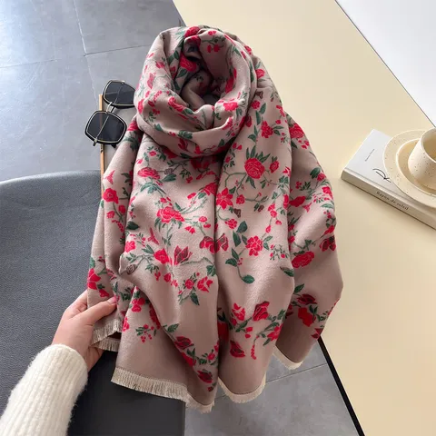 Sciarpa Stampata in Finto Cashmere da Donna Elegante Floreale Caldo Lungo Scialle Moda Invernale Casual Morbido Sciarpa Invernale