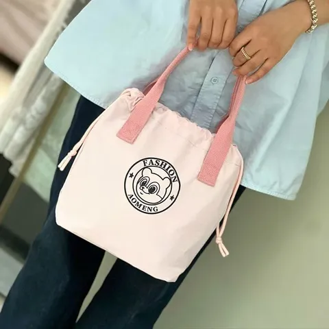 Women Canvas Waterproof Drawstring Tote Bag Cute Cartoon Bear Print Lunch Box Handbag Commuter Bucket Bag