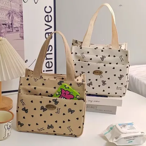 Women Canvas Tote Bag Cute Bow Heart Print Handbag Casual Commuter Lunch Bag Top Handle Tote Handbag