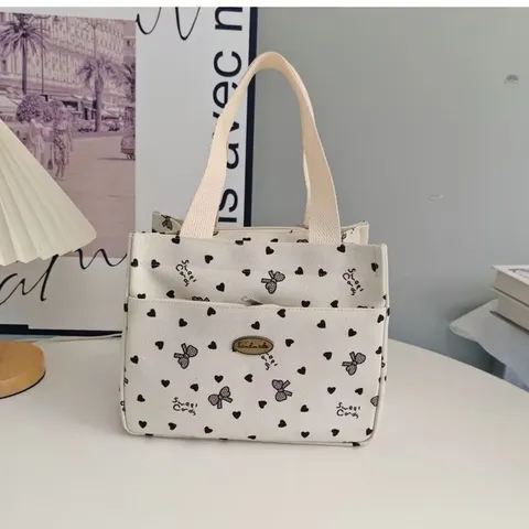 Women Canvas Tote Bag Cute Bow Heart Print Handbag Casual Commuter Lunch Bag Top Handle Tote Handbag