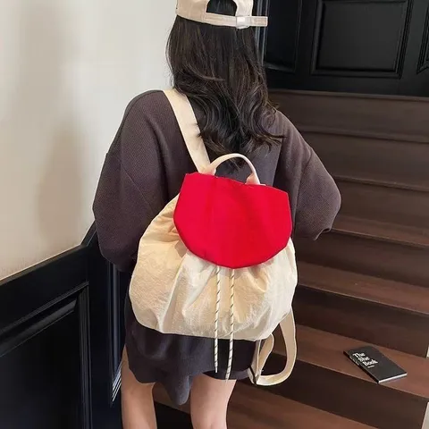 Korean Style Casual Canvas Backpack Large Capacity Contrast Color Stitching Travel School Bookbag For Women