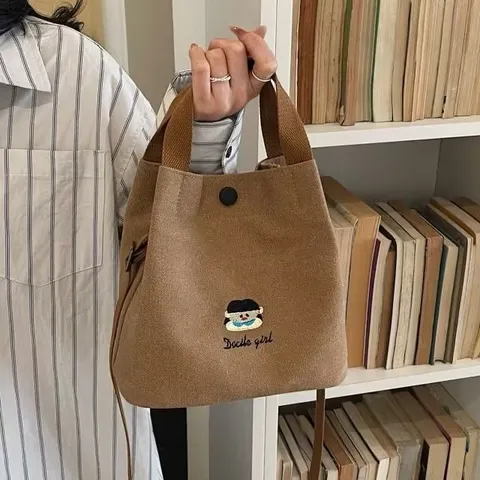 Women's Casual Canvas Bucket Bag Korean Style Cartoon Embroidery Tote Bag Commuter Shoulder Bag Handbag For Daily Work Students