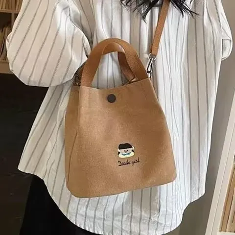 Women's Casual Canvas Bucket Bag Korean Style Cartoon Embroidery Tote Bag Commuter Shoulder Bag Handbag For Daily Work Students