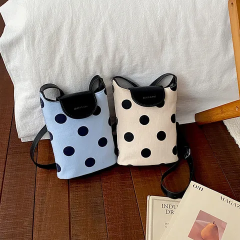 Women's Polka Dot Linen Patchwork Bucket Bag PU Leather Flap Casual Small Crossbody Shoulder Bag