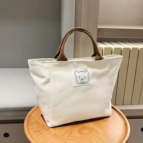 Women Canvas Tote Bag Casual Daily Commuting Handbag Cute Bear Patch Large Capacity Shoulder Bag Shopping Bento Bag