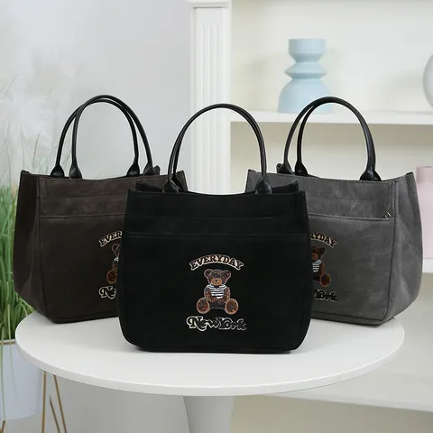 Women Canvas PU Leather Tote Bag Large Capacity Casual Commuter Handbag With Cute Bear Embroidery And Front Pocket