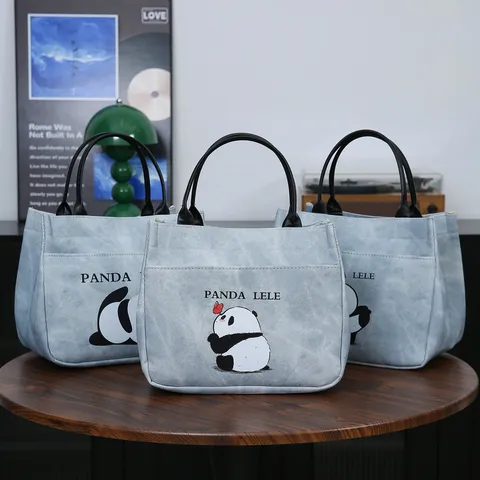 Waterproof PU Leather Women Handbag Cartoon Panda Print Casual Daily Tote Bag Top Handle Lunch Box Bag