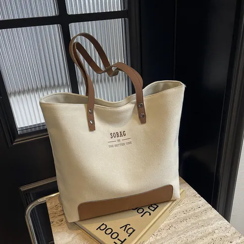 Minimalist Casual Canvas Tote Bag Large Capacity Commuter Handbag Solid Color Letter Print Shoulder Bag For Women Daily