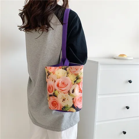 Fresh Floral Print Canvas Bucket Bag Casual Women Handbag Portable Daily Tote Bag