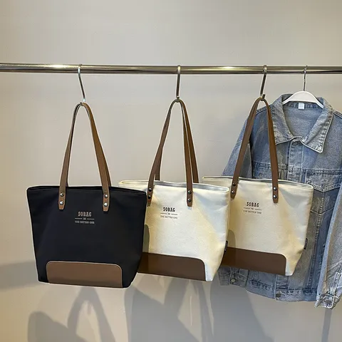 Minimalist Casual Canvas Tote Bag Large Capacity Commuter Handbag Solid Color Letter Print Shoulder Bag For Women Daily