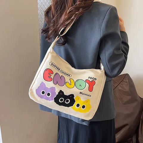 Casual Cartoon Cat Print Canvas Tote Bag Large Capacity Shoulder Bag Literary Commuter Crossbody Bag for Women