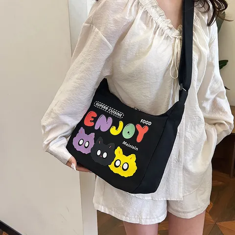 Casual Cartoon Cat Print Canvas Tote Bag Large Capacity Shoulder Bag Literary Commuter Crossbody Bag for Women