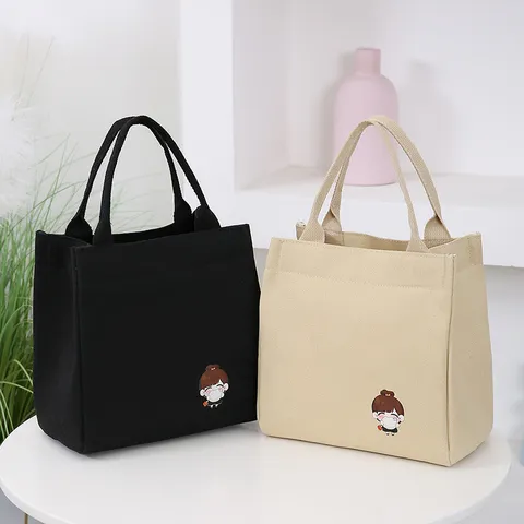 Canvas Lunch Bag Cute Cartoon Print Tote Bag Large Capacity Handbag Student Office Worker Portable Commuter Bag