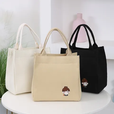 Canvas Lunch Bag Cute Cartoon Print Tote Bag Large Capacity Handbag Student Office Worker Portable Commuter Bag