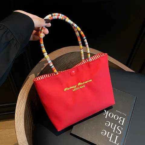 Korean Style Oxford Cloth Handbag Color Block Daily Casual Tote Bag With Colorful Woven Handle Embroidered Women Bag