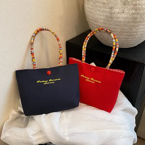 Korean Style Oxford Cloth Handbag Color Block Daily Casual Tote Bag With Colorful Woven Handle Embroidered Women Bag
