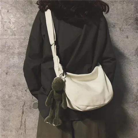 Casual Canvas Crossbody Bag Large Capacity Shoulder Bag Tote Bag With Cute Pendant Urban Minimalist Unisex Daily Bag