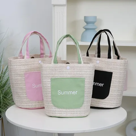 Women Straw Woven Handbag Large Capacity Tote Bag Summer Beach Bucket Bag Casual Commuter Shoulder Bag Female Travel Purse
