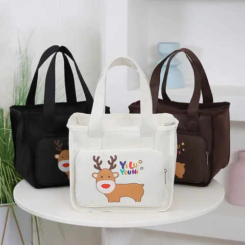 Canvas Insulated Lunch Bag Cartoon Print Tote Handbag Thermal Bento Pouch Portable Meal Prep Bag For Office School