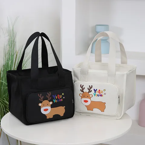 Canvas Insulated Lunch Bag Cartoon Print Tote Handbag Thermal Bento Pouch Portable Meal Prep Bag For Office School