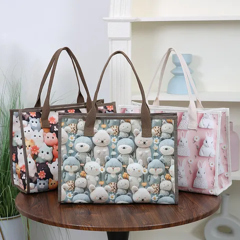 Women's Casual Large Capacity Oxford Cloth Tote Bag Cute Cartoon Animal Print Handbag Shoulder Bag Commuter Shopping Bag