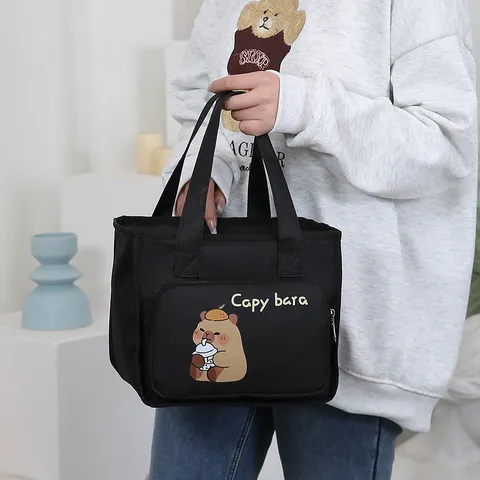 Large Capacity Insulated Lunch Bag Waterproof Oxford Cloth Tote Bag Cute Capybara Print Casual Handbag For Women Student