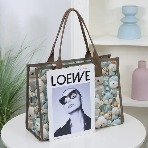 Women's Casual Large Capacity Oxford Cloth Tote Bag Cute Cartoon Animal Print Handbag Shoulder Bag Commuter Shopping Bag