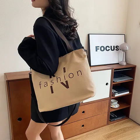 Women's Large Capacity Canvas Tote Bag Casual Student Commuter Shoulder Bag Fashion Letter Print Handbag