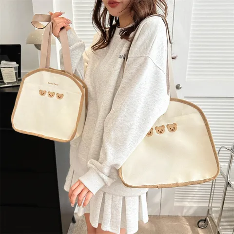 Korean Ins Style Canvas Tote Bag Cute Bear Embroidery Lightweight Handbag Casual Multi-Functional Mother And Baby Bag