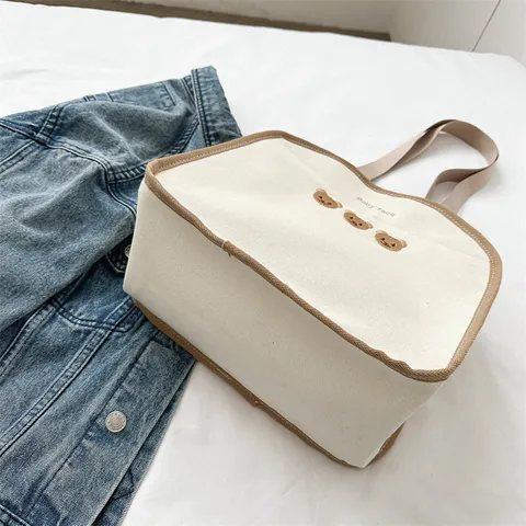 Korean Ins Style Canvas Tote Bag Cute Bear Embroidery Lightweight Handbag Casual Multi-Functional Mother And Baby Bag