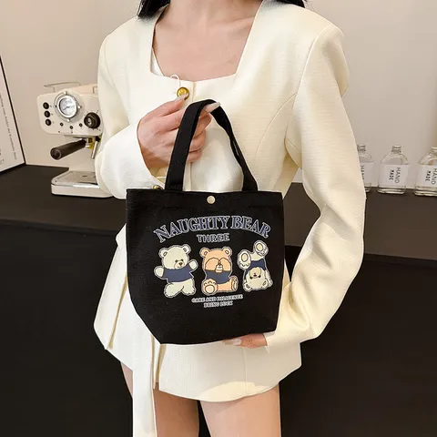 Women Canvas Tote Bag Casual Small Handbag Cute Cartoon Bear Print Daily Commuter Tote Bag With Zipper Closure