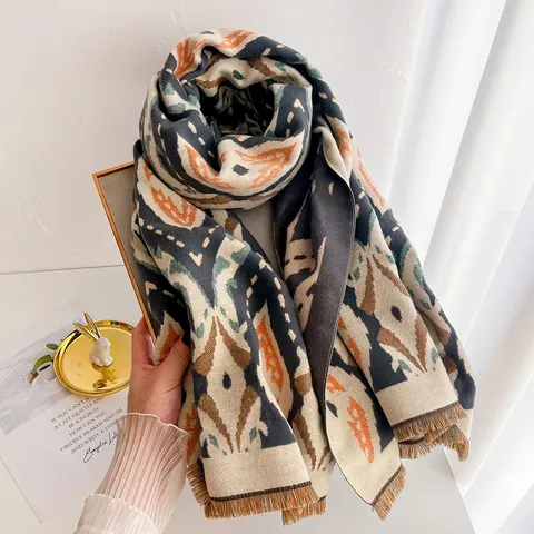 Écharpe Jacquard Géométrique Vintage pour Femmes Automne Hiver Chaud Blocage de Couleur Châle Avec Glands Doux Polyester Sensation Cachemire