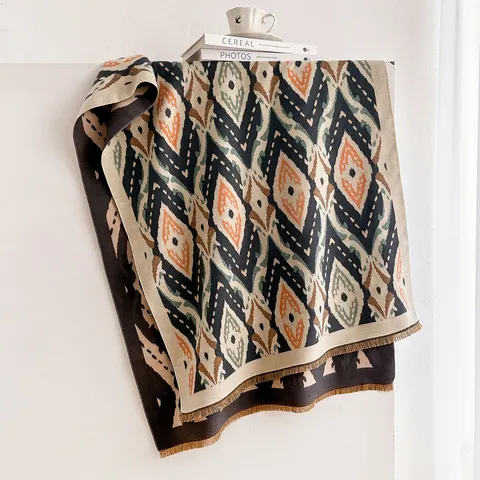 Écharpe Jacquard Géométrique Vintage pour Femmes Automne Hiver Chaud Blocage de Couleur Châle Avec Glands Doux Polyester Sensation Cachemire